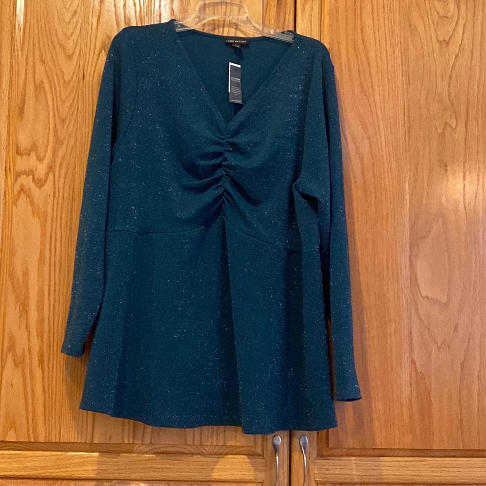 Lane Bryant Teal Sparkle Ruched V-Neck Long Sleeve Top